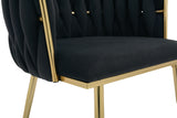 Set of 2 Velvet Upholstered Woven Dining Chairs with Golden Metal Legs, Black