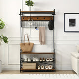 5-in-1 Entryway Hall Tree and 3 Tier Storage Bench, Pipe Style Coat Rack with 9 Hooks, Rustic Brown