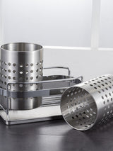 Stainless Steel Double-Tube Cutlery Basket With Storage Rack for Household Kitchen-Silver