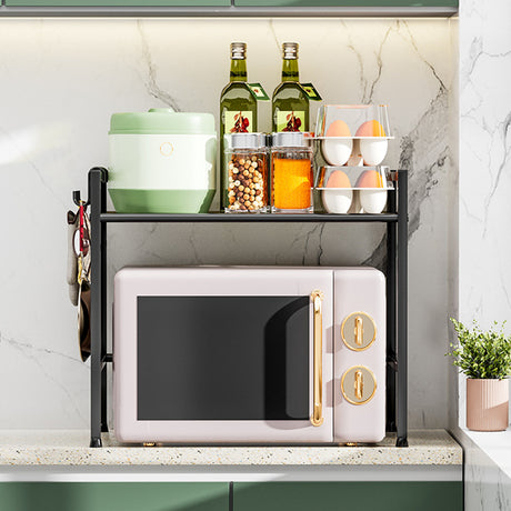 Metal Shelf For Microwave Oven 2 Level Kitchen Storage Rack With 4 Hooks-Black