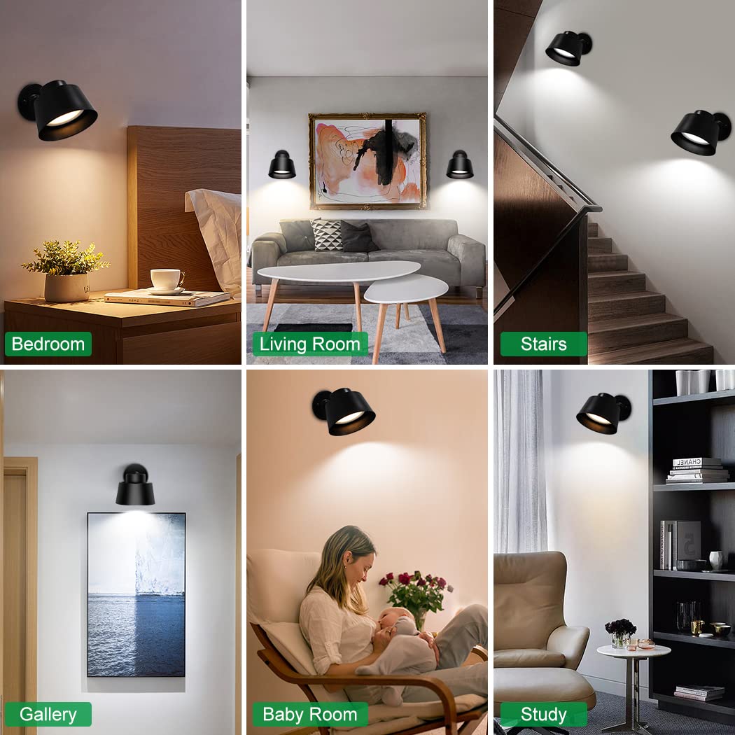 Night Light Wireless Wall Light Indoor LED 2 Pack,Battery Operated Wall Lights Rechargeable Lamp with Remote,Touch Lamp Dimmable Wall Sconces Bedside Lamp for Bedroom Livingroom (Black, 2Pack) [Energy Class E]