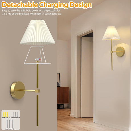 Battery Operated Wall Sconces Set of 2,Gold Rechargeable Wall Lights with Remote,3000mAh Dimmable 3 Timer Magnetic Bulbs,Indoor Wireless Lamps for Bedroom Living Room Hallway Bathroom
