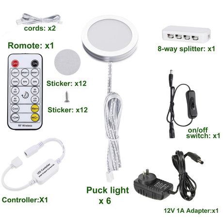 LED Under Cabinet Puck Lights CCT Light Color Temperature Adjustable Warm+White Double Color with Dimmable RF Remote Controller for Kitchen Shelf Ambiance Display Lighting (8 Lights, 24W)