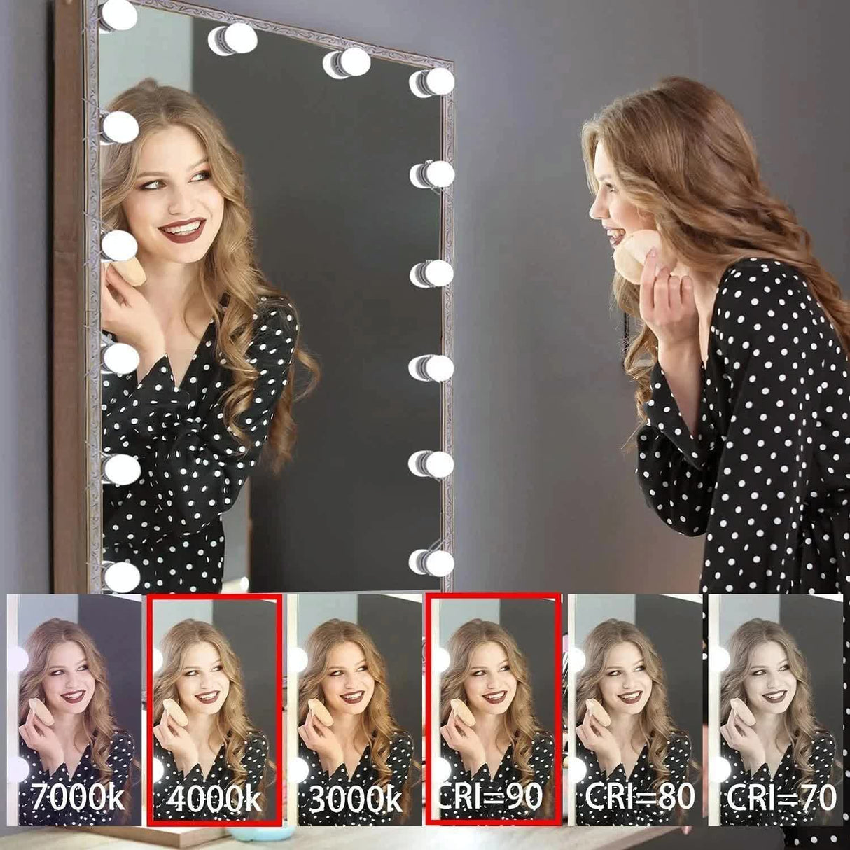 Hollywood LED Vanity Mirror Lights Kit,Stick on Dimmable Makeup Lights, 12V Mirror Lighting Strip Fixture for Vanity Dressing Table Set, Bedroom Wall Lights,CRI>90 (4000K Natural White,10 Bulbs)