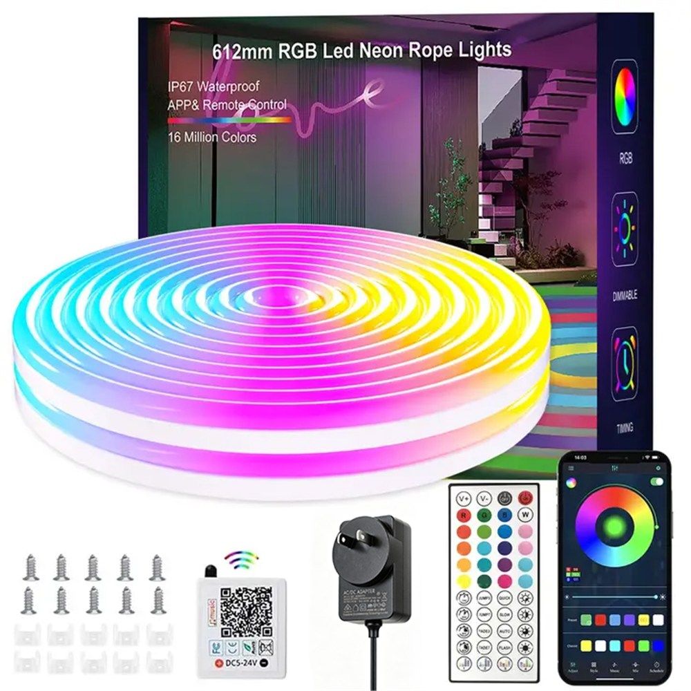 16.4FT Led Neon Rope Lights with APP/Remote Control, Flexible DIY Design, Music Sync Neon Lights for Wall Decor, Outdoor IP67 Waterproof, RGB LED Strip Lights for Bedroom, Living, Gaming, Party