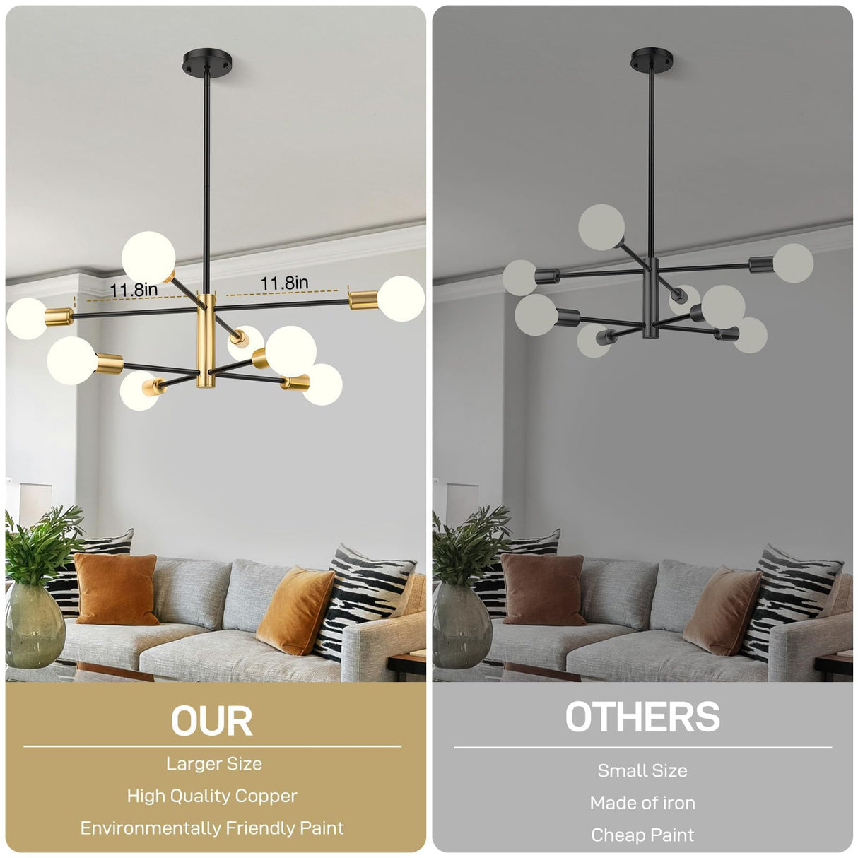 Modern Sputnik Chandelier 8 Lights Height Adjustable Ceiling Light Fixture Mid-Century Modern Gold Chandelier for Dining Room Bedroom Kitchen Living Room with Sloped Ceiling Adapter