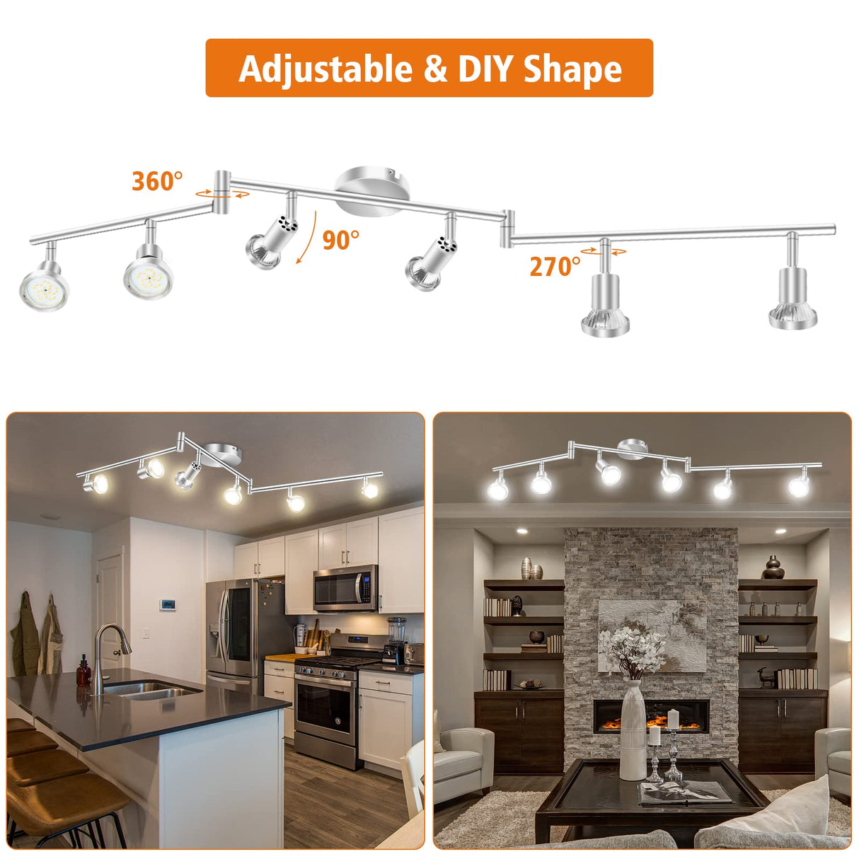 LED Ceiling Light 6 Way Rotatable Spot Lights for Ceiling,Flexible Ceiling Lights for Bedroom,Living Room,Nickel with Protectiv Bulb Trims(Gu10 Bulbs Not Included)