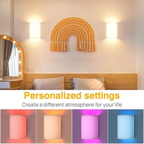 Wall Lights Set of 2, Battery Operated Fabric Sconce with Remote, LED Lamps in RGB+Warm White, Dimmable Timer for Bedroom and Living Room Lighting