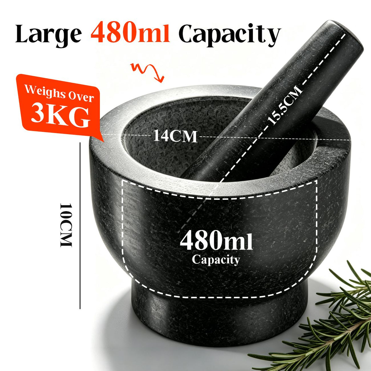 Granite Mortar and Pestle Set, 480ml Heavy Duty Stone Grinder Bowl with 15.5cm Pestle, Dark Grey, Manual Spice Grinder for Guacamole, Salsa, Pesto, Herbs, Spices, Nuts & Seeds