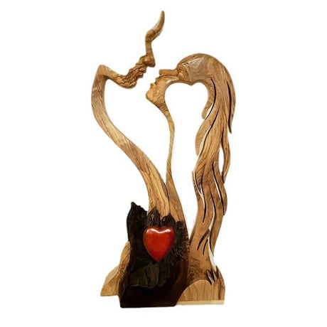 Wooden Love Heart Kissing Couple Abstract Sculpture Romantic Statue Figures