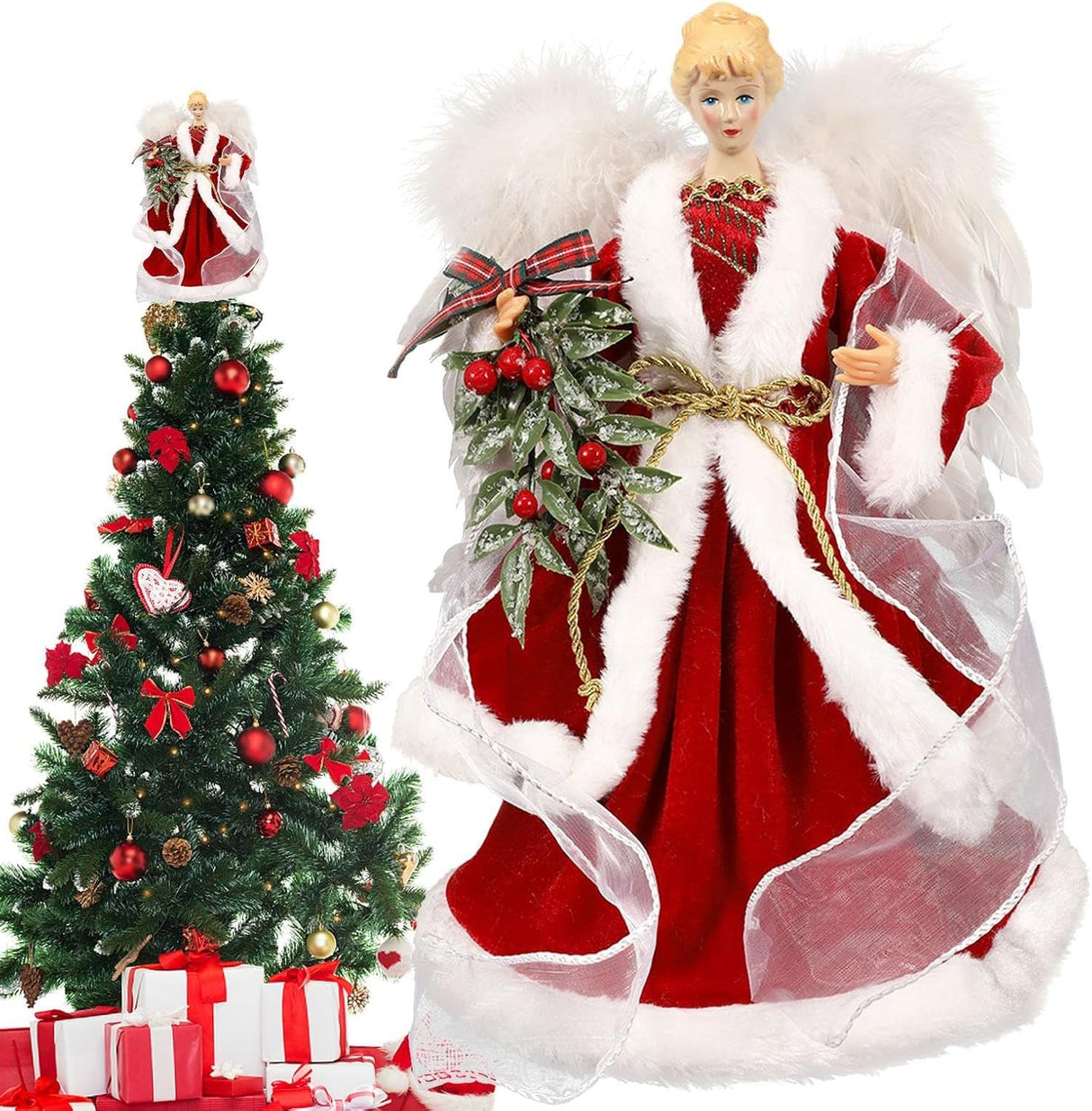Christmas Tree Angel Tops Decorative Ornaments with White Feather Wings