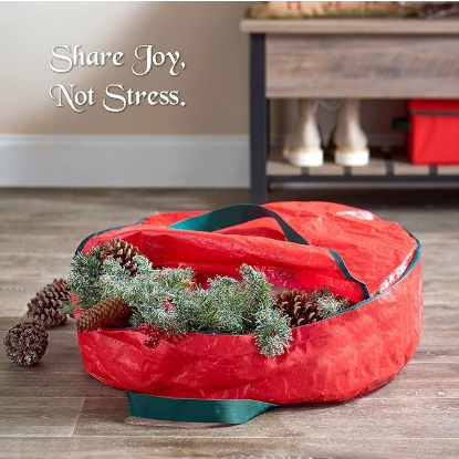 Christmas Wreath Storage Container 30 Inch - Wreath Bag for Artificial Wreaths Box - Dual Zippered Wreaths Storage Bag with Strong Durable Handles - Red