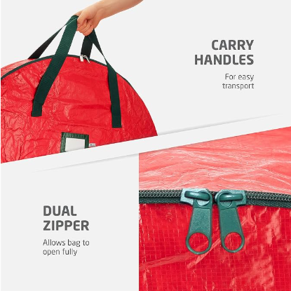 Christmas Wreath Storage Container 30 Inch - Wreath Bag for Artificial Wreaths Box - Dual Zippered Wreaths Storage Bag with Strong Durable Handles - Red