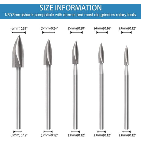 Wood Carving Bit Set For ROtary Tool, 5 Pieces Wood Carving Bits With 1/8 Inch Shank For Diy Woodworking, Engraving,