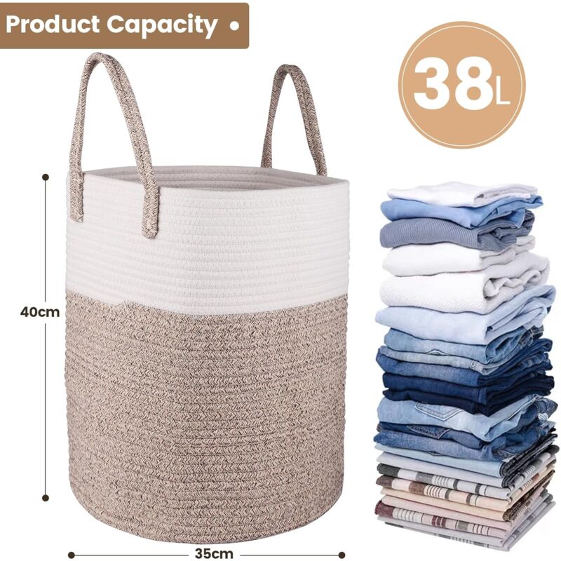 Laundry Basket - 40 X 35 Cm Foldable Storage Baskets - Cotton ROpe Laundry Basket With Handles - Toy Storage Basket -