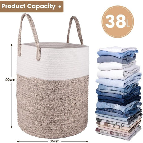 Laundry Basket - 40 X 35 Cm Foldable Storage Baskets - Cotton ROpe Laundry Basket With Handles - Toy Storage Basket -