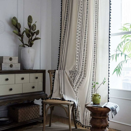 1 Panel Bohemian Curtains Cotton Linen Black Tassel Curtains For Living ROom Bedroom (White, 150 X 180 Cm)
