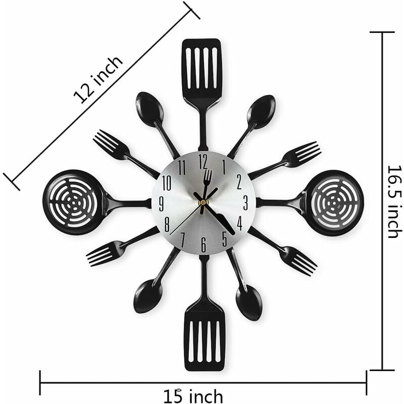 16" Large Kitchen Wall Clocks With Spoons And Forks, Great Home Decor And Nice Gifts, Black