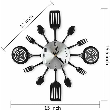 16" Large Kitchen Wall Clocks With Spoons And Forks, Great Home Decor And Nice Gifts, Black