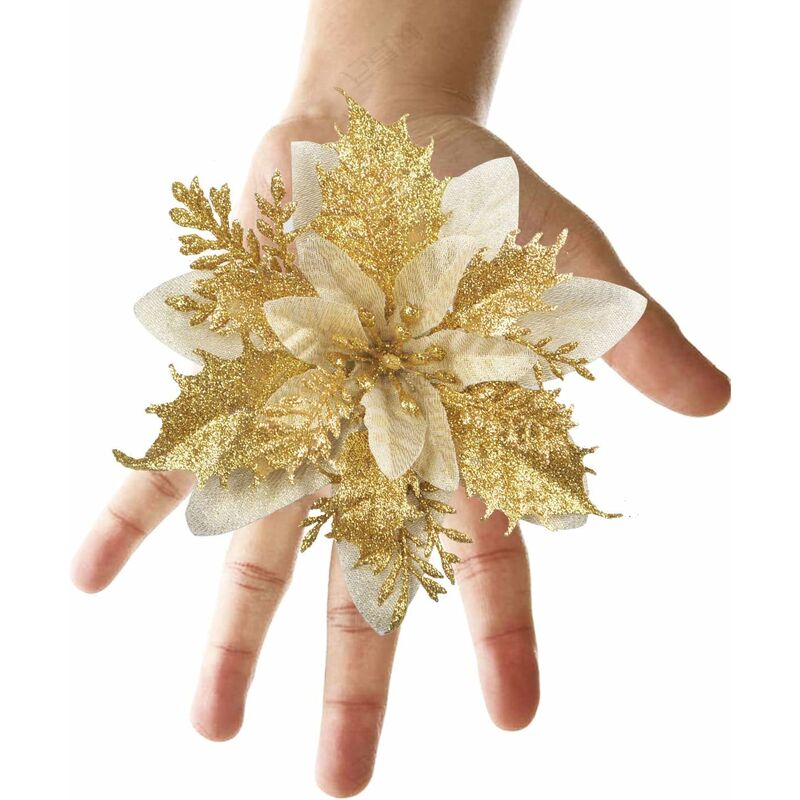 12 pcs Glitter Christmas Flowers (15Cm) With 12 pcs Artificial Poinsettia For Christmas Tree（Gold）