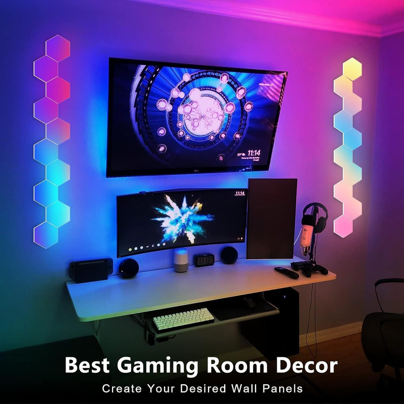8 Pack Hexagon LED Wall Lights, Smart RGB Honeycomb Lights with APP & Voice Control, Music Sync Modular LED Panels for Gaming Room, Bedroom & Home Theater Decor