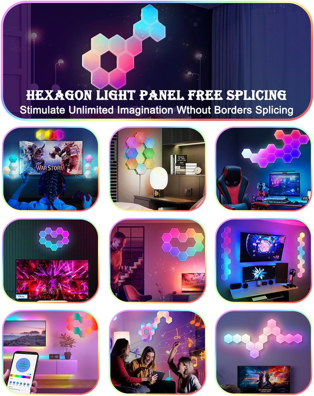 10 Pack Hexagon LED Wall Lights, Smart RGB Honeycomb Lights with APP & Voice Control, Music Sync Modular LED Panels for Gaming Room, Bedroom & Home Theater Decor