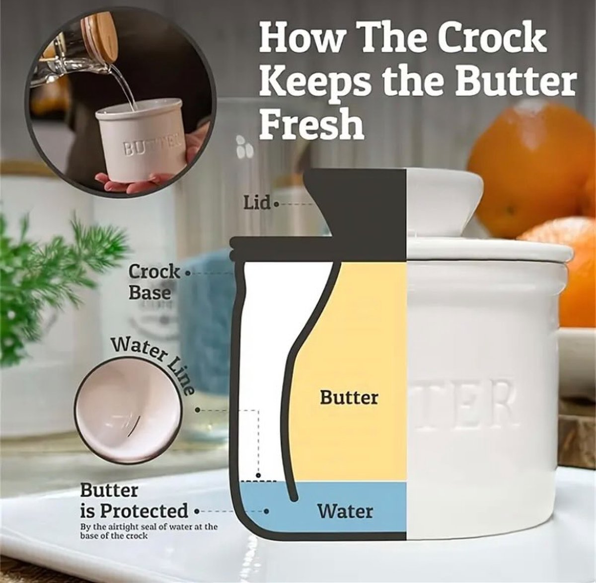 Wit Butter Dish - Butter Dish - Water-Cooled Butter Dish with Water Line - Ceramic Butter Dome for Spreading Butter - Christmas Gift for the Kitchen - Kitchen Baby Clothing Accessories - Kitchen Tools