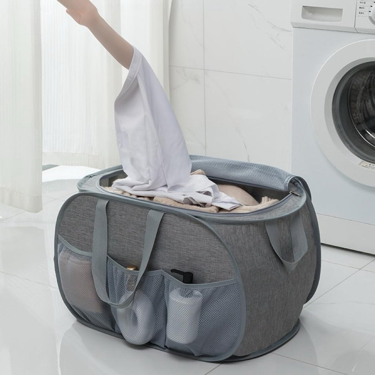 Foldable Laundry Basket - Foldable Laundry Basket with Lid - Storage Basket with Handles - Large Capacity Foldable Laundry Basket - Waterproof for Children's Room, Camping and Travel - Grey - 36 x 36 x 58 cm