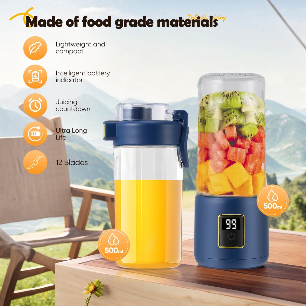 Portable Blender - Mini Blender - 12 Blades - Portable - On-the-Go Blender - Mini Juicer - Smoothie Maker - Perfect for Smoothies, Juices, and Baby Food - Dark Blue