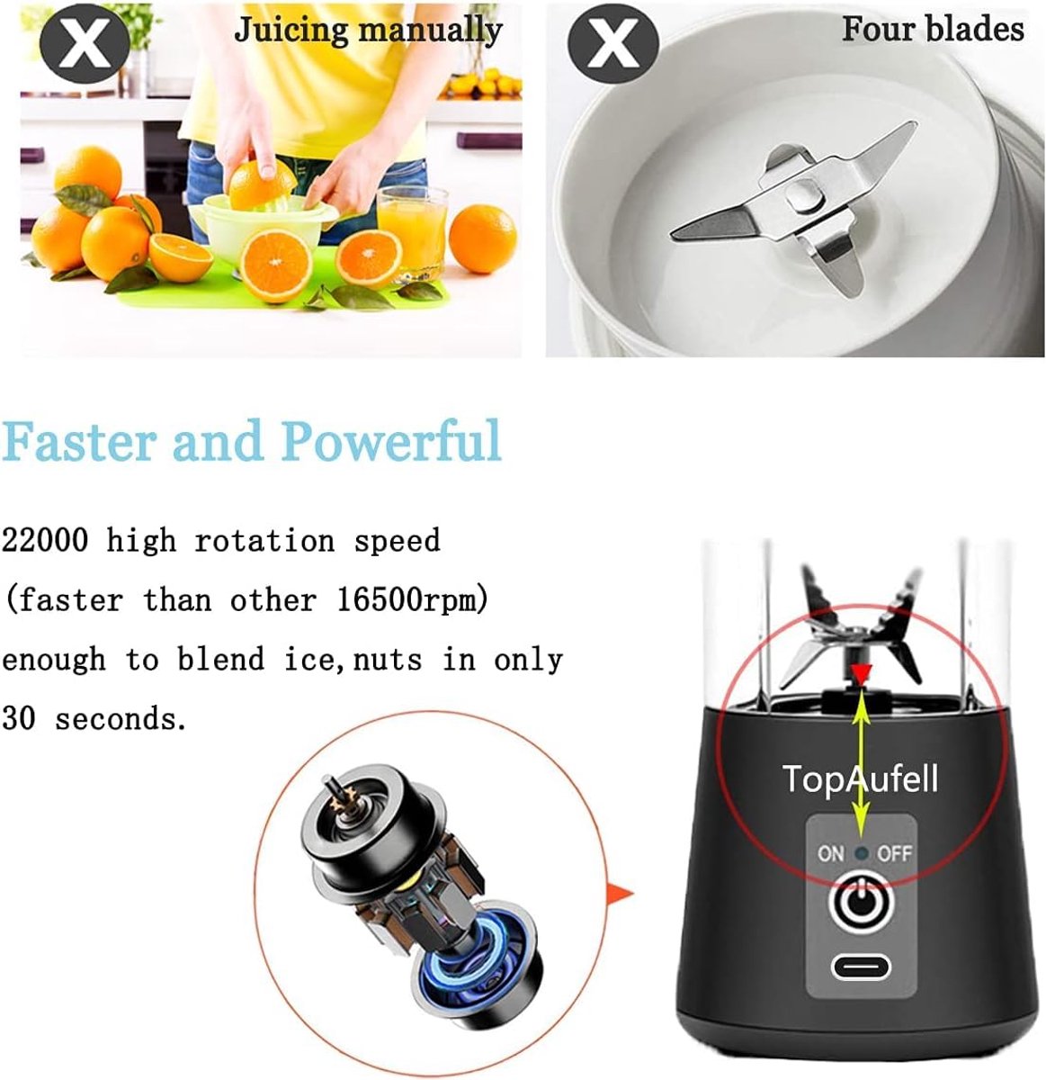 Blender - Mini blender - Smoothie maker - Rechargeable mini blender - Portable blender - Citrus press - Black