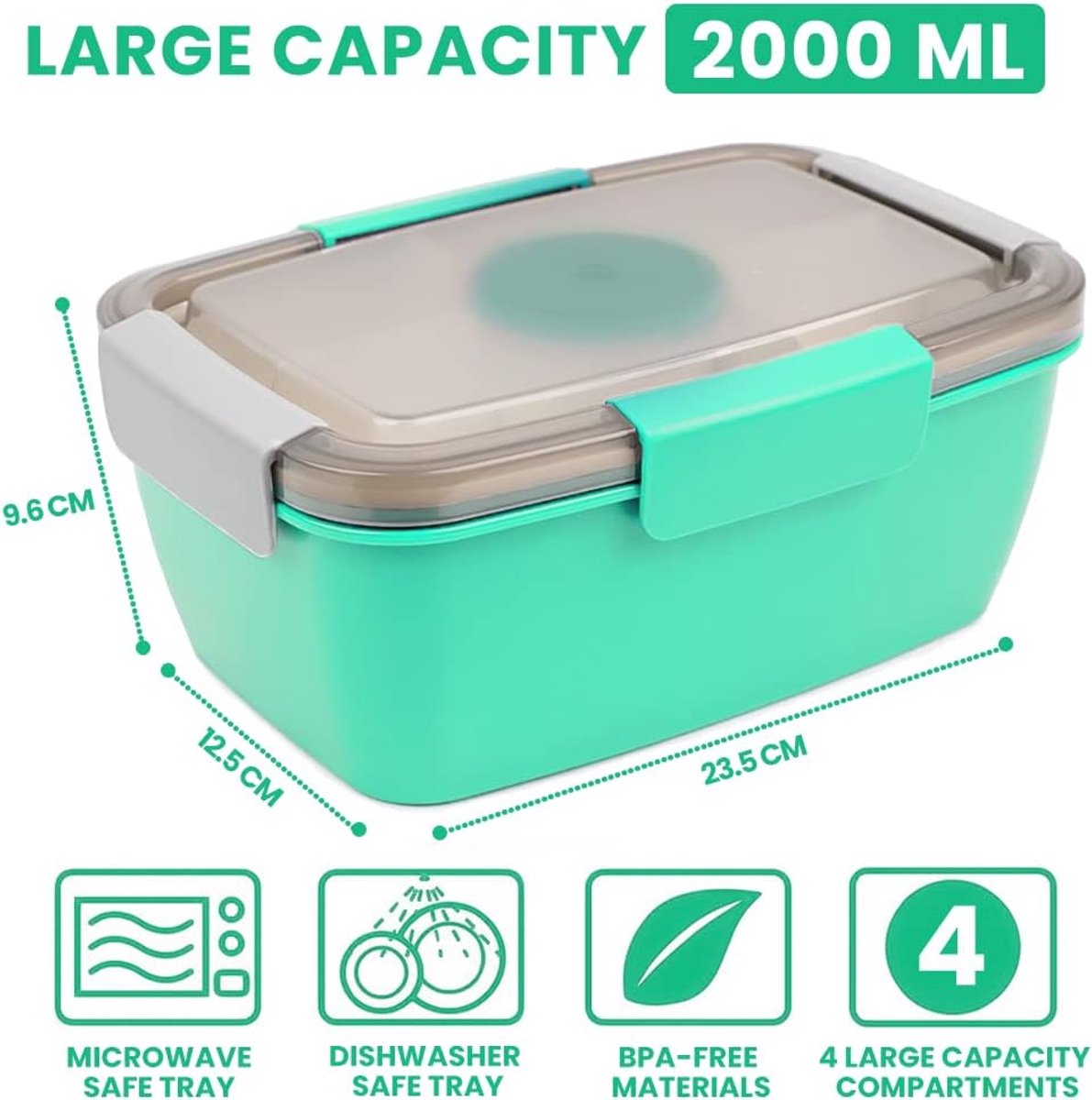 2000ml children's lunch box, adult lunch box with 4 compartments and soup container, salad box with dressing container, lunch box, salad container, microwave and dishwasher safe, BPA free