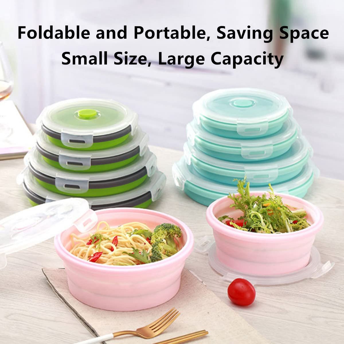 4-Piece Food Storage Container Set - Lunch Box - Collapsible Food Container - Round Silicone Lunch Box - For Camping Kitchens - BPA-Free - Green
