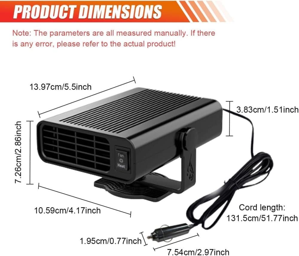 12V 200W Portable Car Heater and Fan 2-in-1 with 360° Rotation, Fast Defrosting and Windshield Demisting, Black