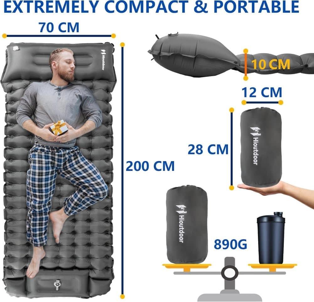 Self-inflating mattress for camping beach hiking, waterproof lightweight tear-resistant with foot pump, 10cm, Orange