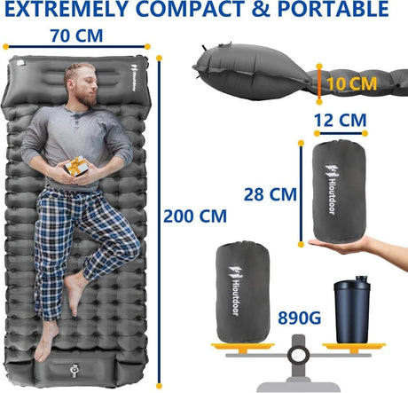 Self-inflating mattress for camping beach hiking, waterproof lightweight tear-resistant with foot pump, 10cm, Orange