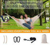 2-Person Bohemian Hammock with Fringes, 500 lbs Capacity, Cotton, Portable for Garden Patio Camping, Moon-Shaped Poles