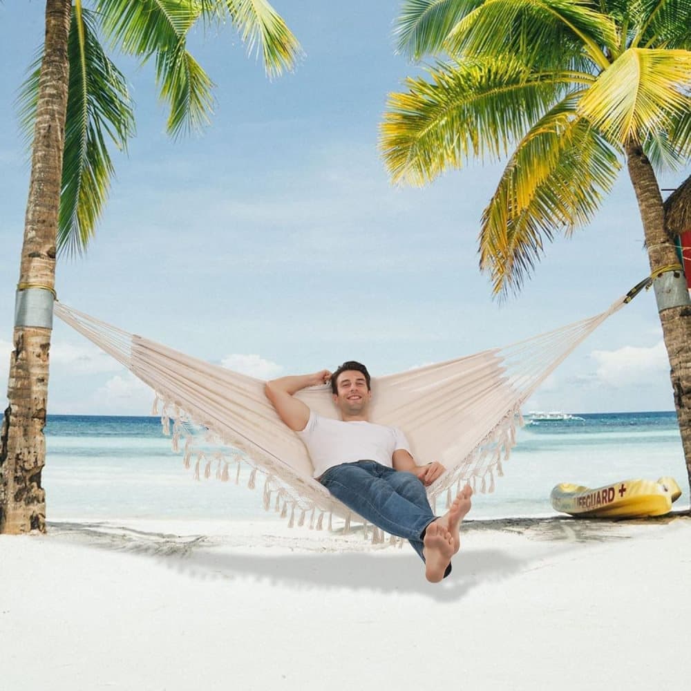 2-Person Bohemian Hammock with Fringes, 500 lbs Capacity, Cotton, Portable for Garden Patio Camping, Moon-Shaped Poles