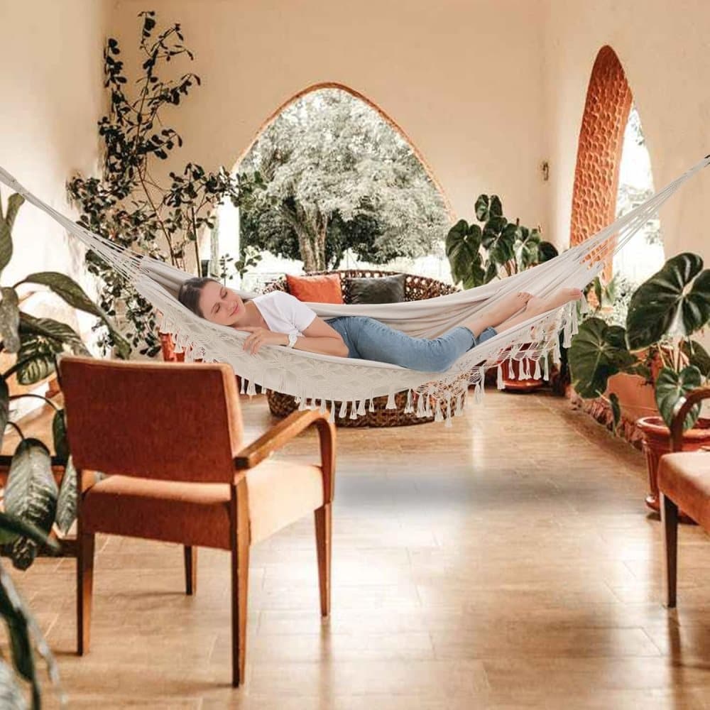 2-Person Bohemian Hammock with Fringes, 500 lbs Capacity, Cotton, Portable for Garden Patio Camping, Moon-Shaped Poles