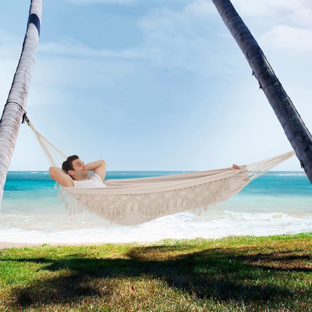 2-Person Bohemian Hammock with Fringes, 500 lbs Capacity, Cotton, Portable for Garden Patio Camping, Moon-Shaped Poles
