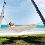 2-Person Bohemian Hammock with Fringes, 500 lbs Capacity, Cotton, Portable for Garden Patio Camping, Moon-Shaped Poles