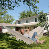 2-Person Bohemian Hammock with Fringes, 500 lbs Capacity, Cotton, Portable for Garden Patio Camping, Moon-Shaped Poles