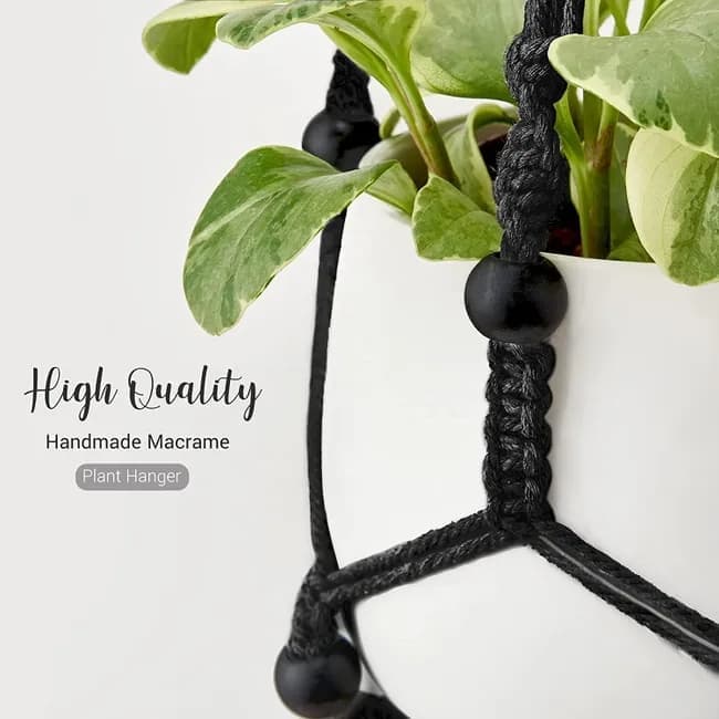 3 pcs Bohemian Plant Hanger for Indoor Plants with Braided Rope Beads and Lace Decoration, 35 Inch, Black