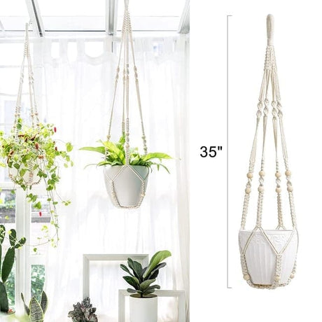 3 pcs Bohemian Plant Hanger for Indoor Plants with Braided Rope Beads and Lace Decoration, 35 Inch, White