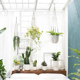 3 pcs Bohemian Plant Hanger for Indoor Plants with Braided Rope Beads and Lace Decoration, 35 Inch, White