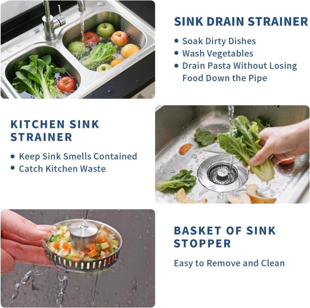 3-in-1 Stainless Steel Sink Strainer with Removable Basket, Easy to Clean Kitchen Strainer