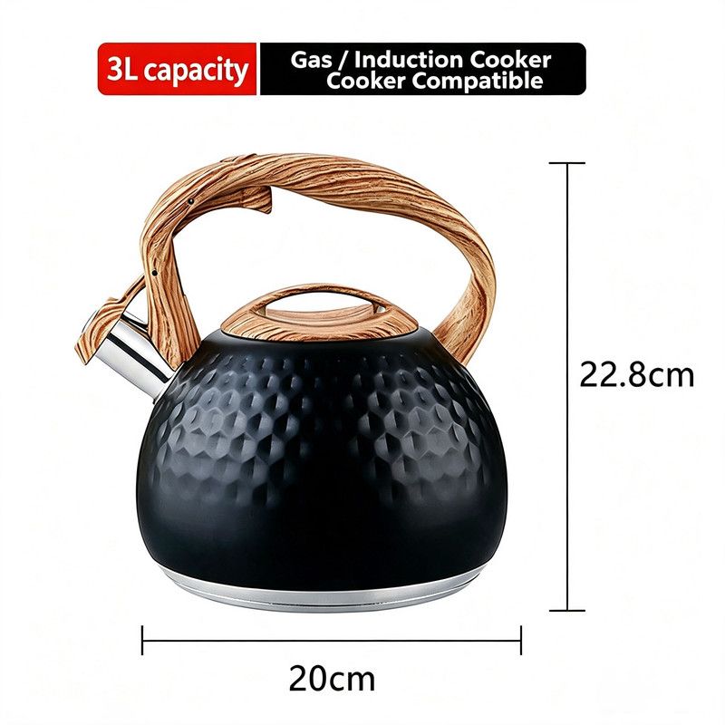 3L Hammered Stainless Steel Whistling Stovetop Kettle, Wood Grain Heat Insulated Handle, Universal for Gas & Induction Cooker, Large Capacity Water Boiler for Home Kitchen Daily Use（）()