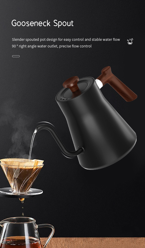 Gooseneck Electric Kettle - 0.9L - With Temperature Control - Stainless Steel 304 - Ultra-Silent - Black