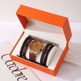Men’s Vintage Quartz Watch 5‑Piece Gift Set, Leather Wrist Watch with 3 Braided Bracelets, Complete Orange Gift Box, Practical Father's Day Gifts for Dad Husband