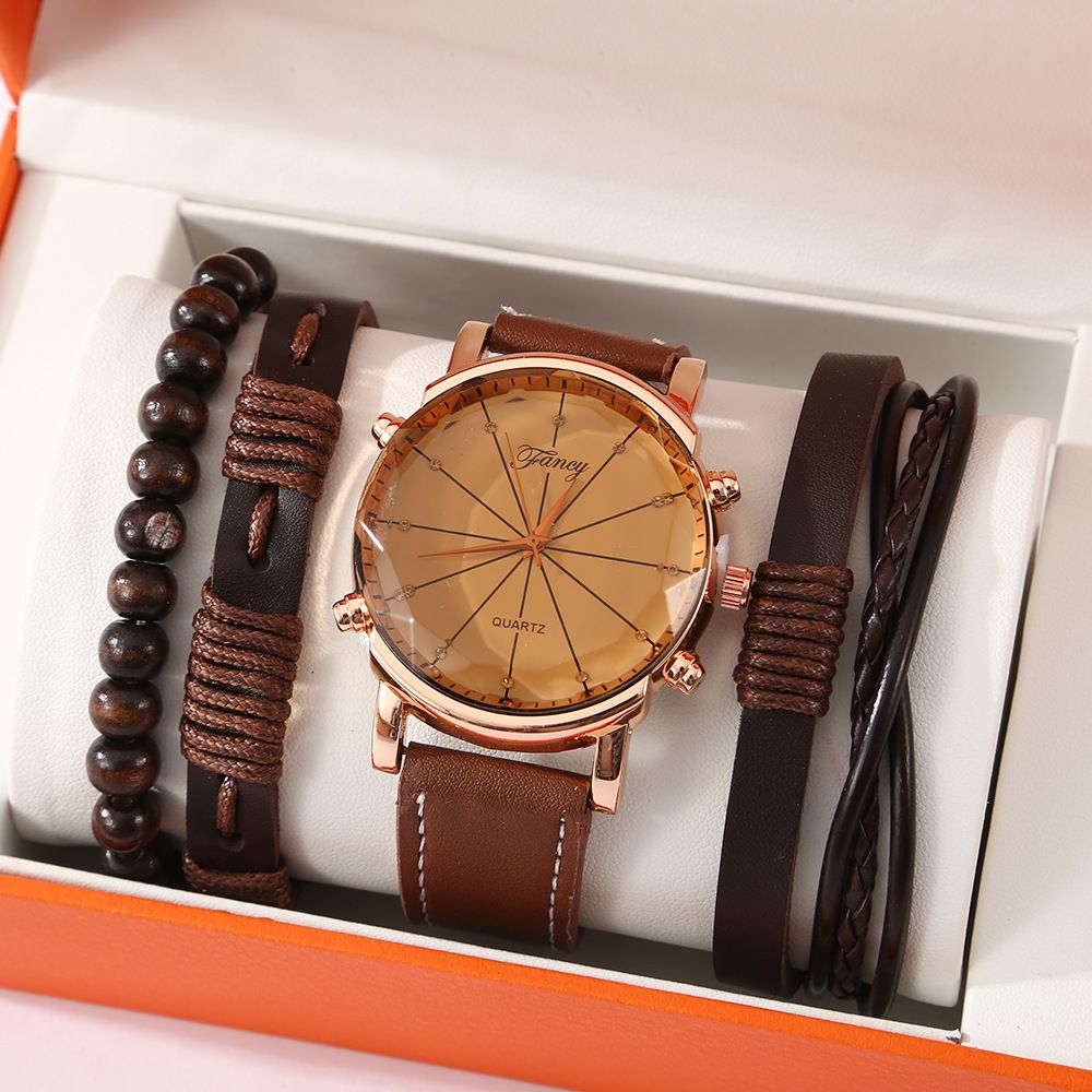 Men’s Vintage Quartz Watch 5‑Piece Gift Set, Leather Wrist Watch with 3 Braided Bracelets, Complete Orange Gift Box, Practical Father's Day Gifts for Dad Husband