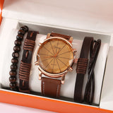 Men’s Vintage Quartz Watch 5‑Piece Gift Set, Leather Wrist Watch with 3 Braided Bracelets, Complete Orange Gift Box, Practical Father's Day Gifts for Dad Husband